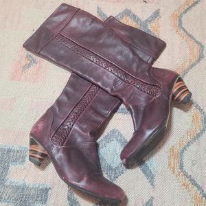 Boho burgundy braided leather Knee-High Boot